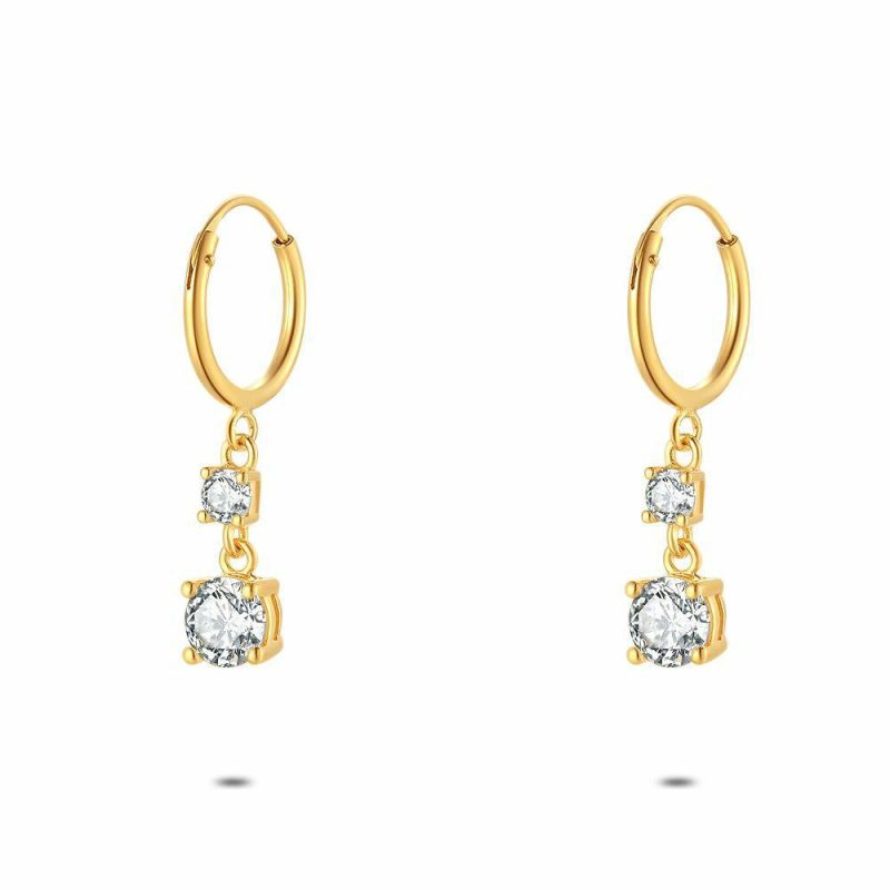 Boucles D’oreilles | Boucles D’Oreilles en Argent Plaqué Or 18Ct, 2 Pierres Blanches Blanc – Femmes Bijoux Blanc