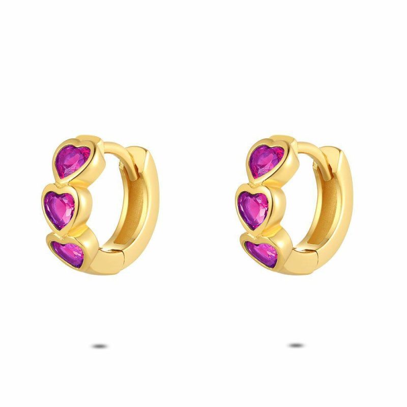 Boucles D’oreilles | Boucles D’Oreilles en Argent Plaqué Or 18Ct, Anneau, Coeurs Fuchsia Rose – Enfants/Femmes Bijoux Boucles D'oreilles