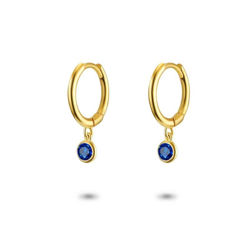 Boucles D’oreilles | Boucles D’Oreilles en Argent Plaqué Or 18Ct, Anneau, Pendentif Zirconn Bleu, Rond Bleu – Enfants Bijoux Bleu