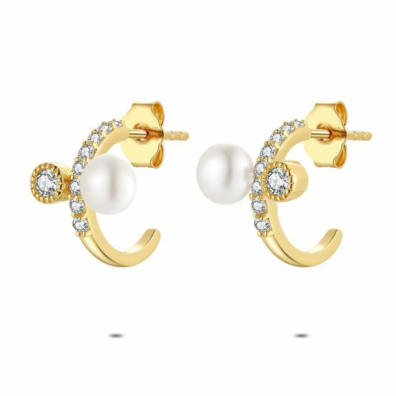 Boucles D’oreilles | Boucles D’Oreilles en Argent Plaqué Or 18Ct, Anneau, Perle Blanc – Femmes Bijoux Blanc