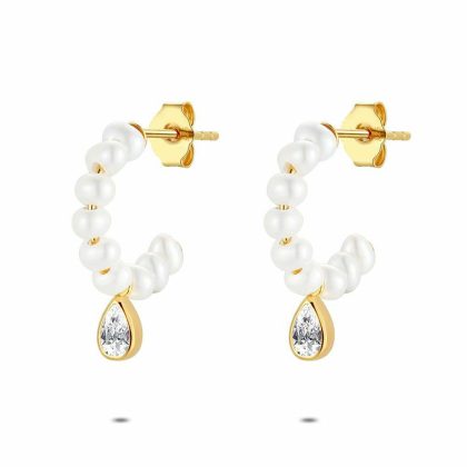 Boucles D’oreilles | Boucles D’Oreilles en Argent Plaqué Or 18Ct, Anneau, Perles Blanc – Femmes Bijoux Blanc