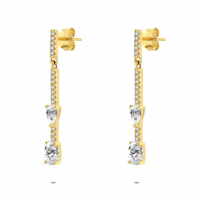 Boucles D’oreilles | Boucles D’Oreilles en Argent Plaqué Or 18Ct, Boucle Semi Longue, Pierres Blanc – Femmes Bijoux Blanc