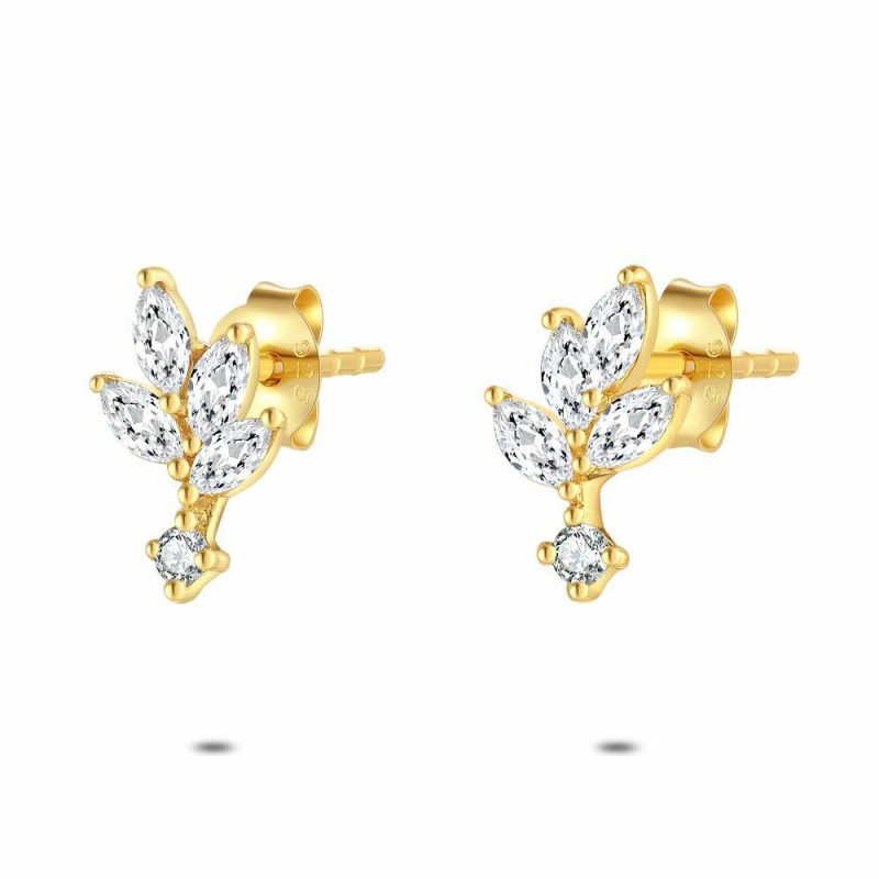 Boucles D’oreilles | Boucles D’Oreilles en Argent Plaqué Or 18Ct, Branche, Pierres Blanc – Femmes Bijoux Blanc