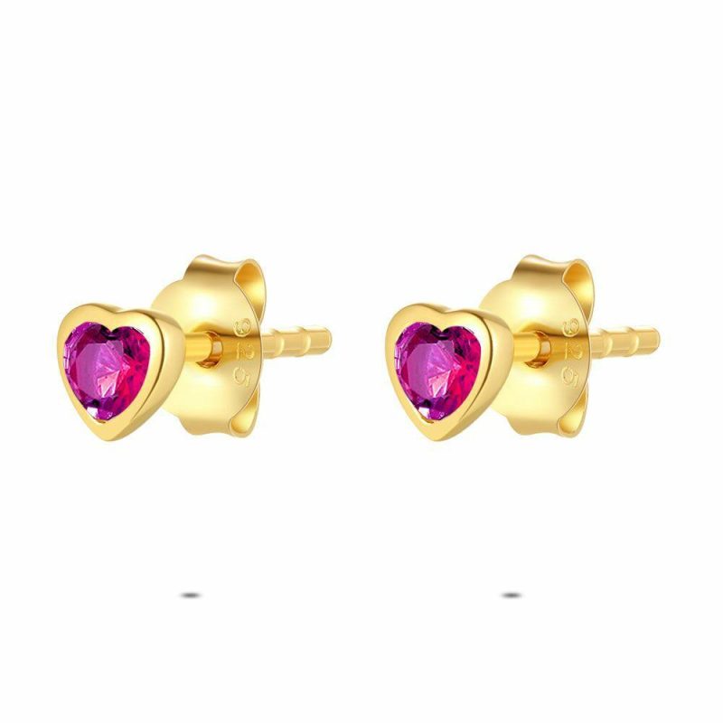 Boucles D’oreilles | Boucles D’Oreilles en Argent Plaqué Or 18Ct, Coeur Fuchsia Rose – Enfants/Femmes Bijoux Boucles D'oreilles