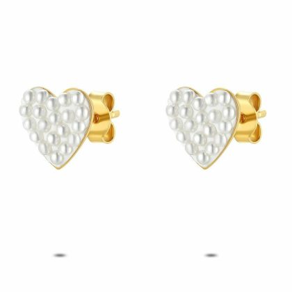 Boucles D’oreilles | Boucles D’Oreilles en Argent Plaqué Or 18Ct, Coeur, Micro Perles Blanc – Femmes Bijoux Blanc