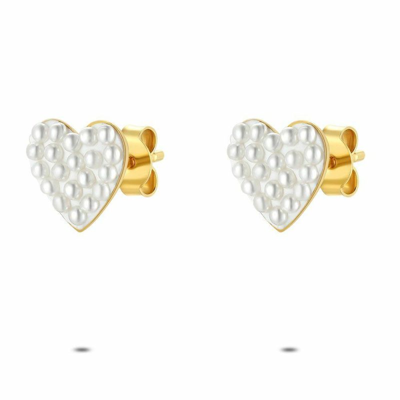 Boucles D’oreilles | Boucles D’Oreilles en Argent Plaqué Or 18Ct, Coeur, Micro Perles Blanc – Femmes Bijoux Blanc