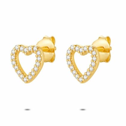 Boucles D’oreilles | Boucles D’Oreilles en Argent Plaqué Or 18Ct, Coeur Ouvert, Zircons Blanc – Enfants Bijoux Blanc