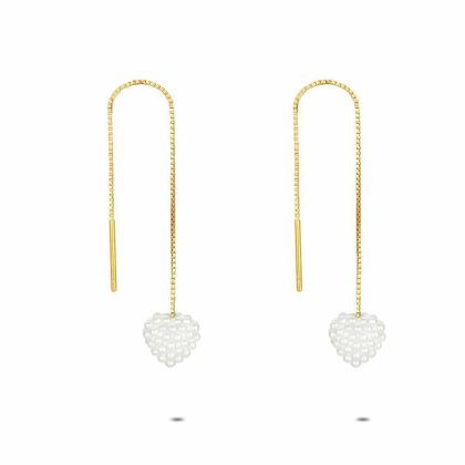 Boucles D’oreilles | Boucles D’Oreilles en Argent Plaqué Or 18Ct, Coeur Pendant, Micro Perles Blanc – Femmes Bijoux Blanc