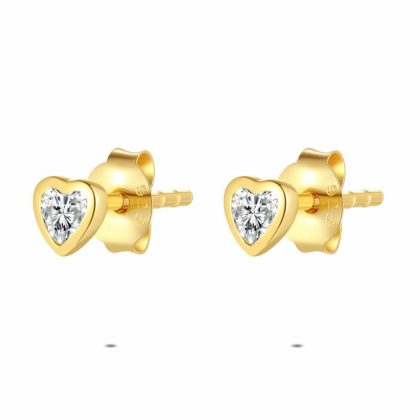 Boucles D’oreilles | Boucles D’Oreilles en Argent Plaqué Or 18Ct, Coeur, Pierre Blanc – Enfants/Femmes Bijoux Blanc