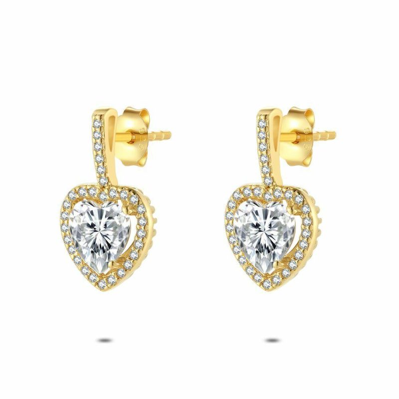 Boucles D’oreilles | Boucles D’Oreilles en Argent Plaqué Or 18Ct, Coeur Rempli de Pierres Blanc – Femmes Bijoux Blanc