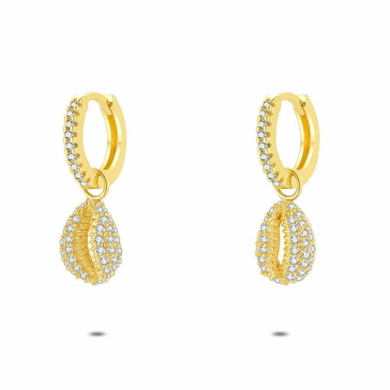 Boucles D’oreilles | Boucles D’Oreilles en Argent Plaqué Or 18Ct, Coquillage, Zircones Blanc – Femmes Bijoux Blanc