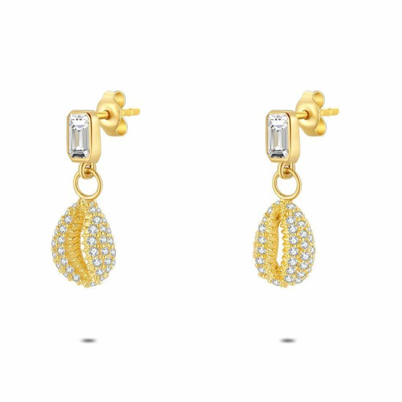 Boucles D’oreilles | Boucles D’Oreilles en Argent Plaqué Or 18Ct, Coquillage, Zircones Blanc – Femmes Bijoux Blanc