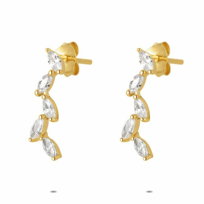 Boucles D’oreilles | Boucles D’Oreilles en Argent Plaqué Or 18Ct, Feuilles, Pierres Blanc – Femmes Bijoux Blanc