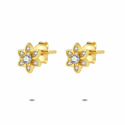 Boucles D’oreilles | Boucles D’Oreilles en Argent Plaqué Or 18Ct, Fleur, 7 Pierres Blanc – Femmes Bijoux Blanc