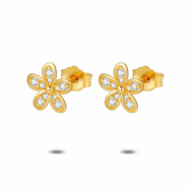 Boucles D’oreilles | Boucles D’Oreilles en Argent Plaqué Or 18Ct, Fleur, Pierres Blanc – Enfants Bijoux Blanc