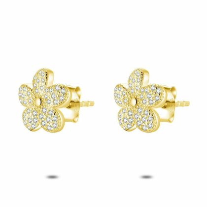 Boucles D’oreilles | Boucles D’Oreilles en Argent Plaqué Or 18Ct, Fleur, Zirconia Blanc – Femmes Bijoux Blanc