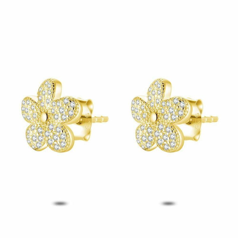 Boucles D’oreilles | Boucles D’Oreilles en Argent Plaqué Or 18Ct, Fleur, Zirconia Blanc – Femmes Bijoux Blanc