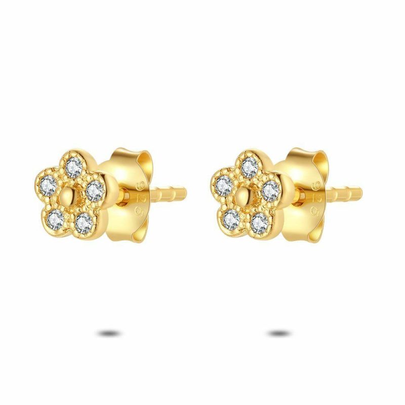 Boucles D’oreilles | Boucles D’Oreilles en Argent Plaqué Or 18Ct, Fleur, Zircons Blanc – Enfants/Femmes Bijoux Blanc