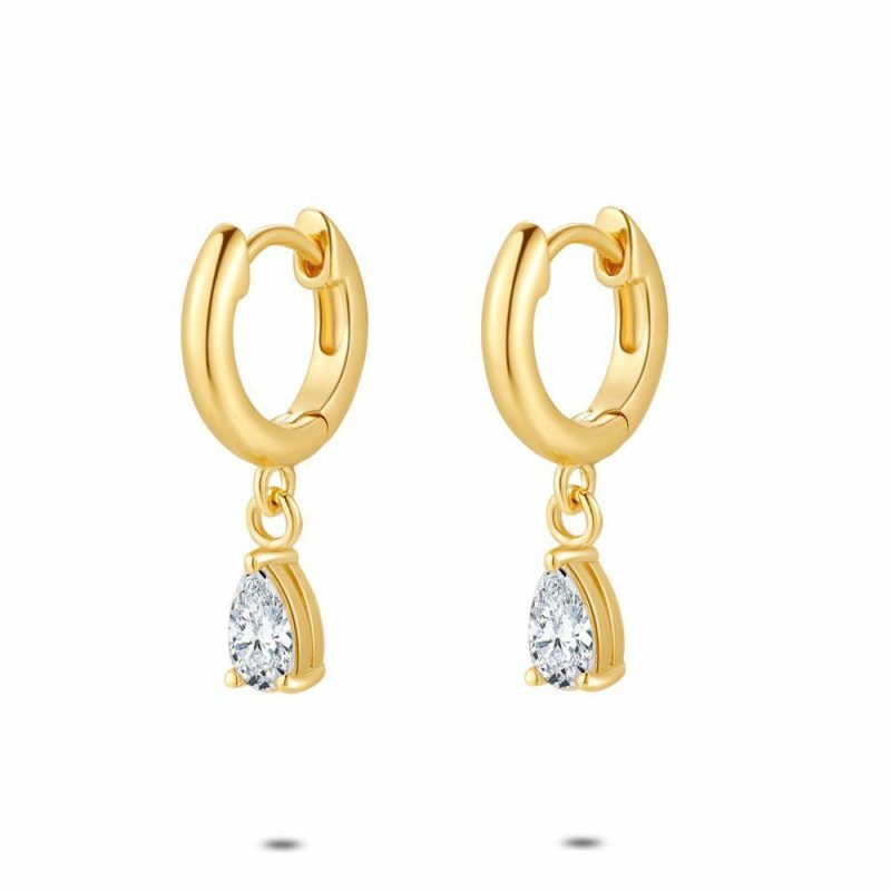 Boucles D’oreilles | Boucles D’Oreilles en Argent Plaqué Or 18Ct, Goutte, Zircon Blanc – Femmes Bijoux Blanc