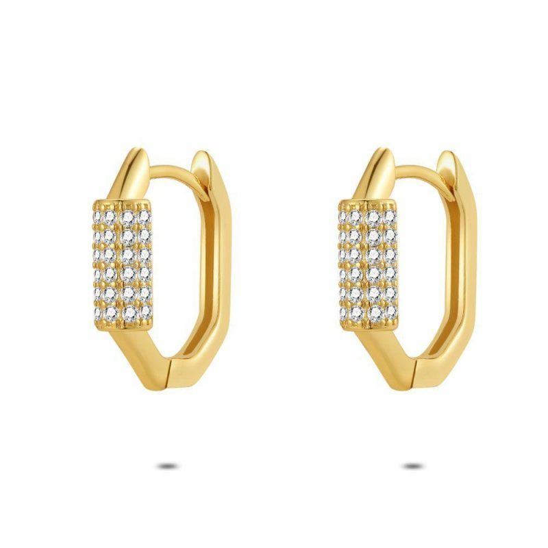 Boucles D’oreilles | Boucles D’Oreilles en Argent Plaqué Or 18Ct, Hexagone, Pierres Blanc – Femmes Bijoux Blanc