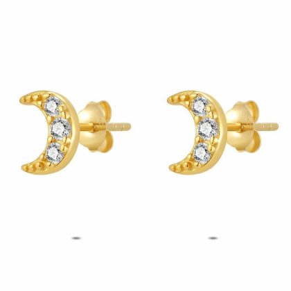 Boucles D’oreilles | Boucles D’Oreilles en Argent Plaqué Or 18Ct, Lune, 3 Pierres Blanc – Femmes Bijoux Blanc