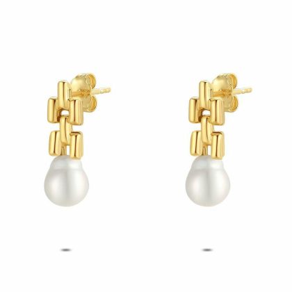 Boucles D’oreilles | Boucles D’Oreilles en Argent Plaqué Or 18Ct, Maillons et Perle Blanc – Femmes Bijoux Blanc