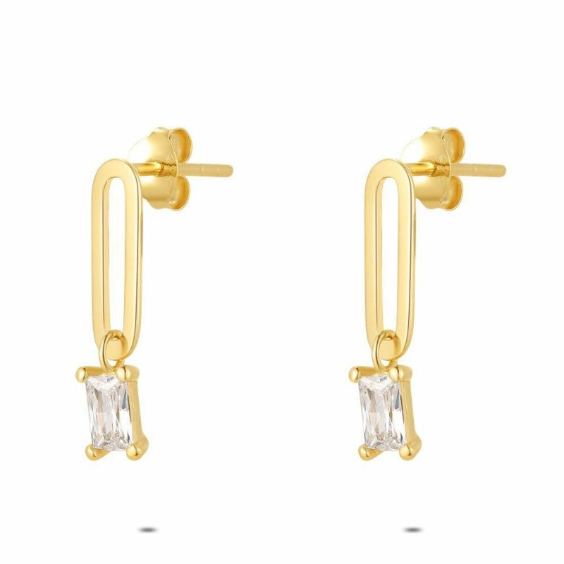 Boucles D’oreilles | Boucles D’Oreilles en Argent Plaqué Or 18Ct, Ovale et Rectangle Blanc – Femmes Bijoux Blanc