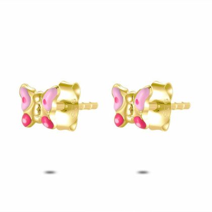 Boucles D’oreilles | Boucles D’Oreilles en Argent Plaqué Or 18Ct, Papillon Rose Rose – Enfants Bijoux Boucles D'oreilles