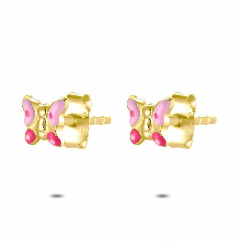 Boucles D’oreilles | Boucles D’Oreilles en Argent Plaqué Or 18Ct, Papillon Rose Rose – Enfants Bijoux Boucles D'oreilles