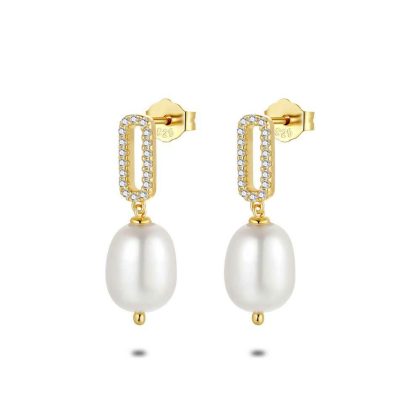 Boucles D’oreilles | Boucles D’Oreilles en Argent Plaqué Or 18Ct, Perle et Ovale, Pierres Blanc – Femmes Bijoux Blanc