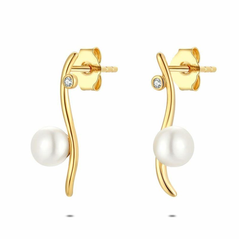 Boucles D’oreilles | Boucles D’Oreilles en Argent Plaqué Or 18Ct, Perle et Pierre Blanc – Femmes Bijoux Blanc