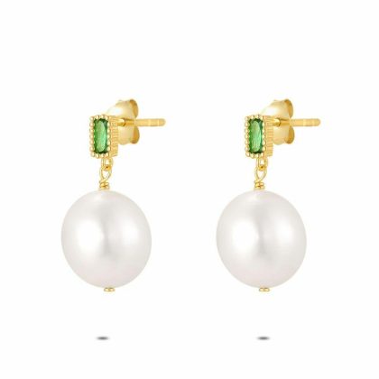 Boucles D’oreilles | Boucles D’Oreilles en Argent Plaqué Or 18Ct, Perle et Pierre Verte Vert – Femmes Bijoux Boucles D'oreilles