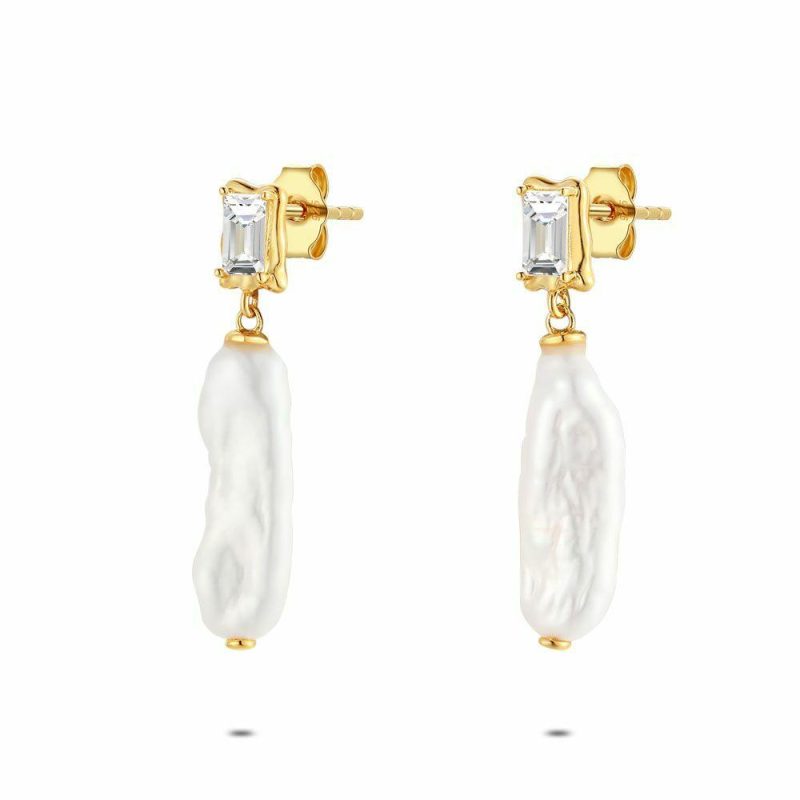 Boucles D’oreilles | Boucles D’Oreilles en Argent Plaqué Or 18Ct, Perle Rectangulaire Blanc – Femmes Bijoux Blanc