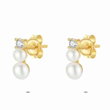 Boucles D’oreilles | Boucles D’Oreilles en Argent Plaqué Or 18Ct, Perles et Pierre Blanc – Femmes Bijoux Blanc