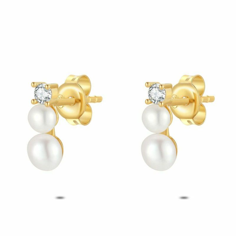 Boucles D’oreilles | Boucles D’Oreilles en Argent Plaqué Or 18Ct, Perles et Pierre Blanc – Femmes Bijoux Blanc