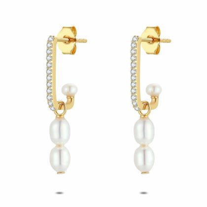 Boucles D’oreilles | Boucles D’Oreilles en Argent Plaqué Or 18Ct, Perles et Pierres Blanc – Femmes Bijoux Blanc