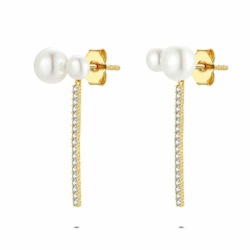 Boucles D’oreilles | Boucles D’Oreilles en Argent Plaqué Or 18Ct, Perles, Rangée de Pierres Blanc – Femmes Bijoux Blanc