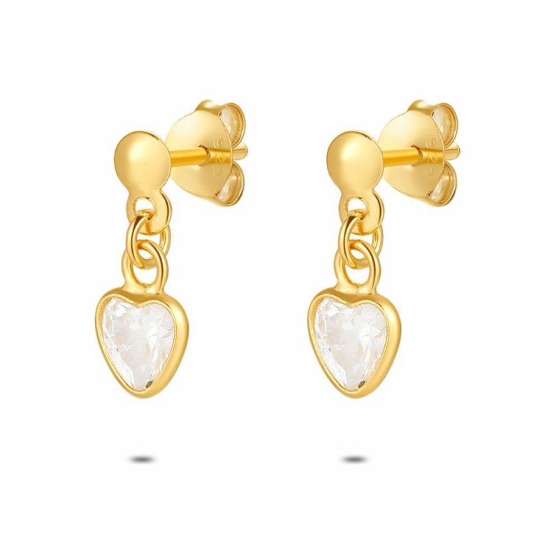 Boucles D’oreilles | Boucles D’Oreilles en Argent Plaqué Or 18Ct, Petit Coeur, Zircon Blanc – Enfants Bijoux Blanc