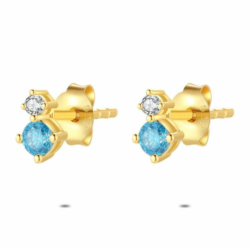 Boucles D’oreilles | Boucles D’Oreilles en Argent Plaqué Or 18Ct, Pierre Bleu Ciel et Blanche Bleu ciel – Femmes Bijoux Bleu ciel