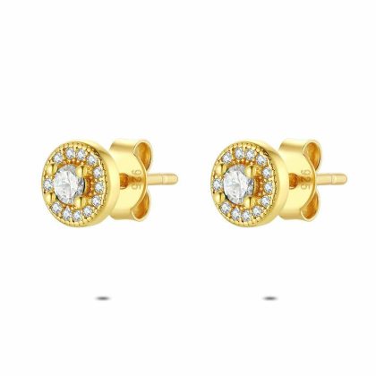 Boucles D’oreilles | Boucles D’Oreilles en Argent Plaqué Or 18Ct, Pierre Ronde Entourée Blanc – Femmes Bijoux Blanc