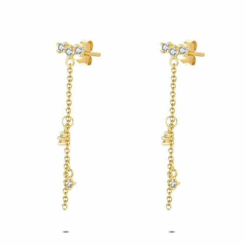 Boucles D’oreilles | Boucles D’Oreilles en Argent Plaqué Or 18Ct, Pierres Sur Chaîne Blanc – Femmes Bijoux Blanc