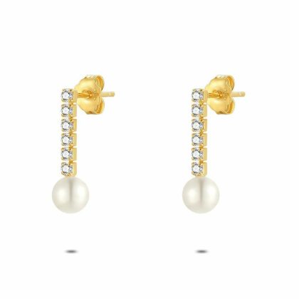 Boucles D’oreilles | Boucles D’Oreilles en Argent Plaqué Or 18Ct, Zircones et Perle Blanc – Femmes Bijoux Blanc