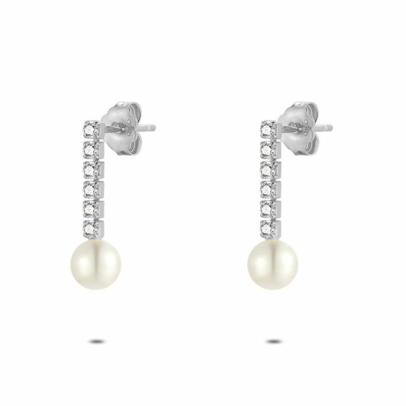 Boucles D’oreilles | Boucles D’Oreilles en Argent, Zircones et Perle Blanc – Femmes Bijoux Blanc