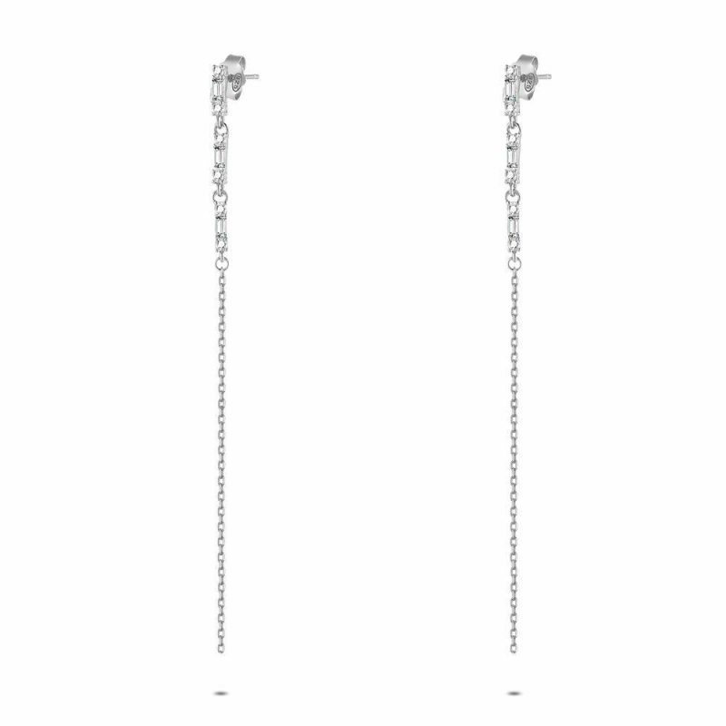 Boucles D’oreilles | Boucles D’Oreilles en Argent, Zirconia et Chaine Blanc – Femmes Bijoux Blanc