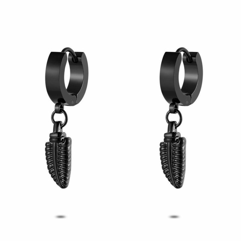 Boucles D’oreilles | Boucles D’Oreilles en Acier Poli, Anneau de 12 mm, Plume Noir – Hommes Bijoux Boucles D'oreilles