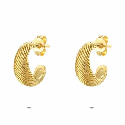 Boucles D’oreilles | Boucles D’Oreilles en Acier Poli de Couleur Or, Boucle Ovale Ouverte, Rayures – Femmes Bijoux Boucles D'oreilles