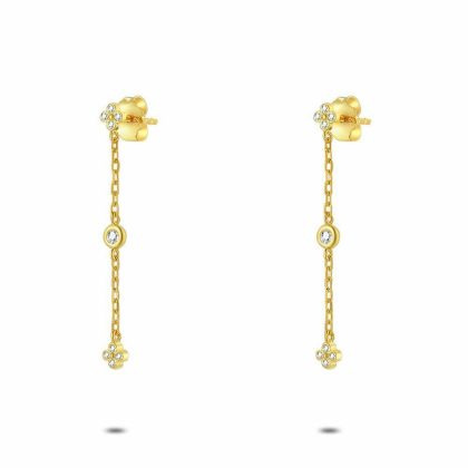 Boucles D’oreilles | Boucles D’Oreilles en Argent, Boucles D’Oreilles Dorées, Chaîne Avec Zircone et Trèfle Blanc – Femmes Bijoux Blanc