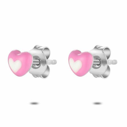 Boucles D’oreilles | Boucles D’Oreilles en Argent, Cœur Blanc et Rose Rose – Enfants Bijoux Boucles D'oreilles