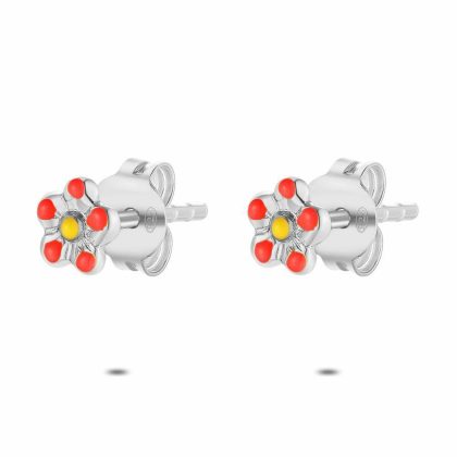 Boucles D’oreilles | Boucles D’Oreilles en Argent, Fleur Avec Pétales Rouges Rouge – Enfants Bijoux Boucles D'oreilles