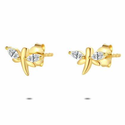 Boucles D’oreilles | Boucles D’Oreilles en Argent Plaqué Or 18 Ct, Libellule, Zircons Blanc – Femmes Bijoux Blanc